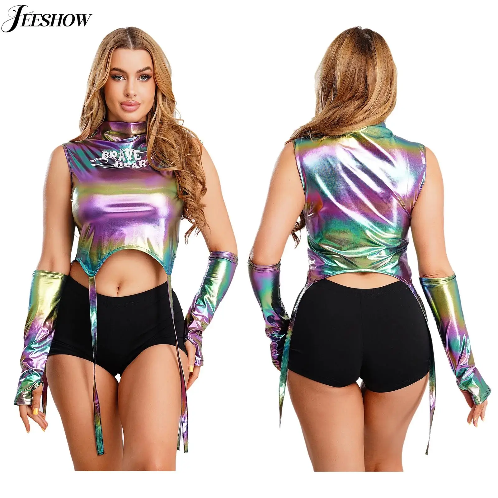 

Женский укороченный топ для джазовых танцев в стиле хип-хоп, блестящая металлическая безрукавка без рукавов, приталенная майка с нарукавниками/брошь, блузка для музыкального фестиваля