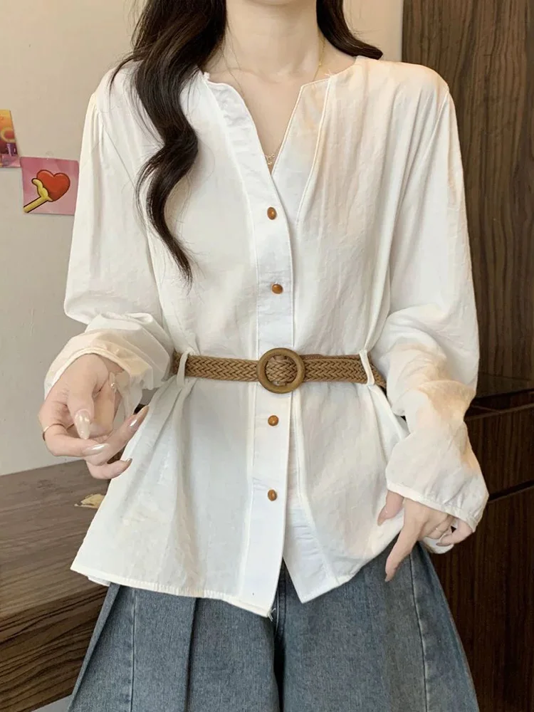 Fashion Belt White Shirt Women Loose Korean Long Sleeve Spring Elegant Blouse Sweet Chic Lady O Neck Solid Simple All Match Tops