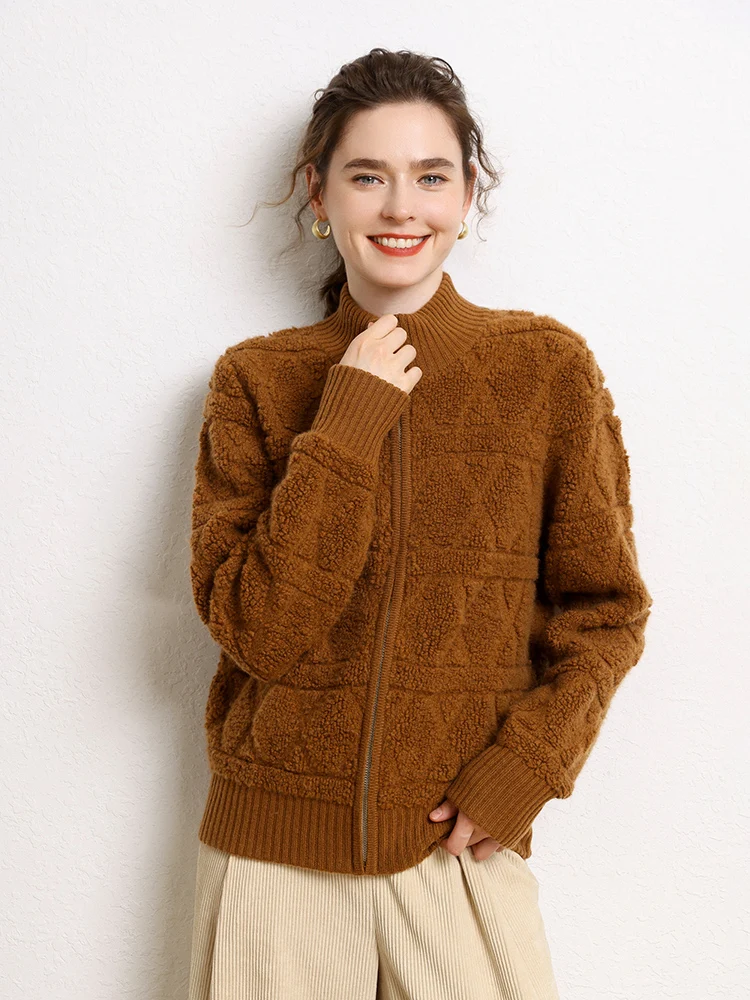 Women's 100% Cashmere Sweater Stand-up Collar Knitting Cardigan Autumn Winter Thick Cashmere Knitwear Towel embroidery Clothing