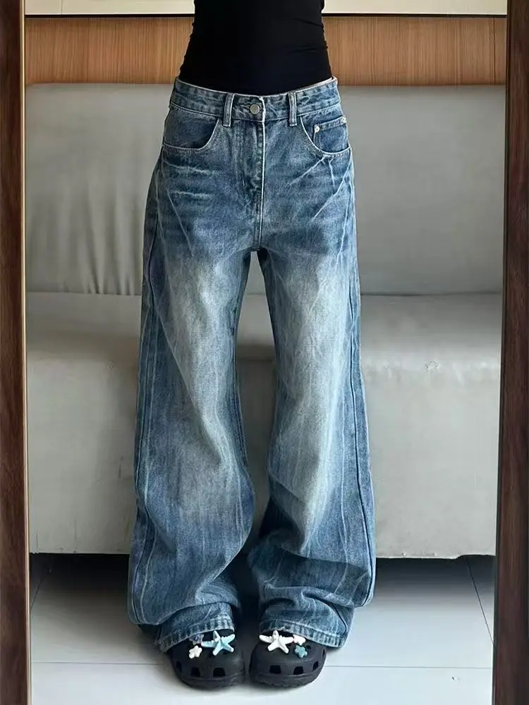 2026 American Retro Autumn Winter Women Low Waist Jeans Blue Cracked Washed Y2K Harajuku Loose Fashion Hip Hop Gothic Streetwear