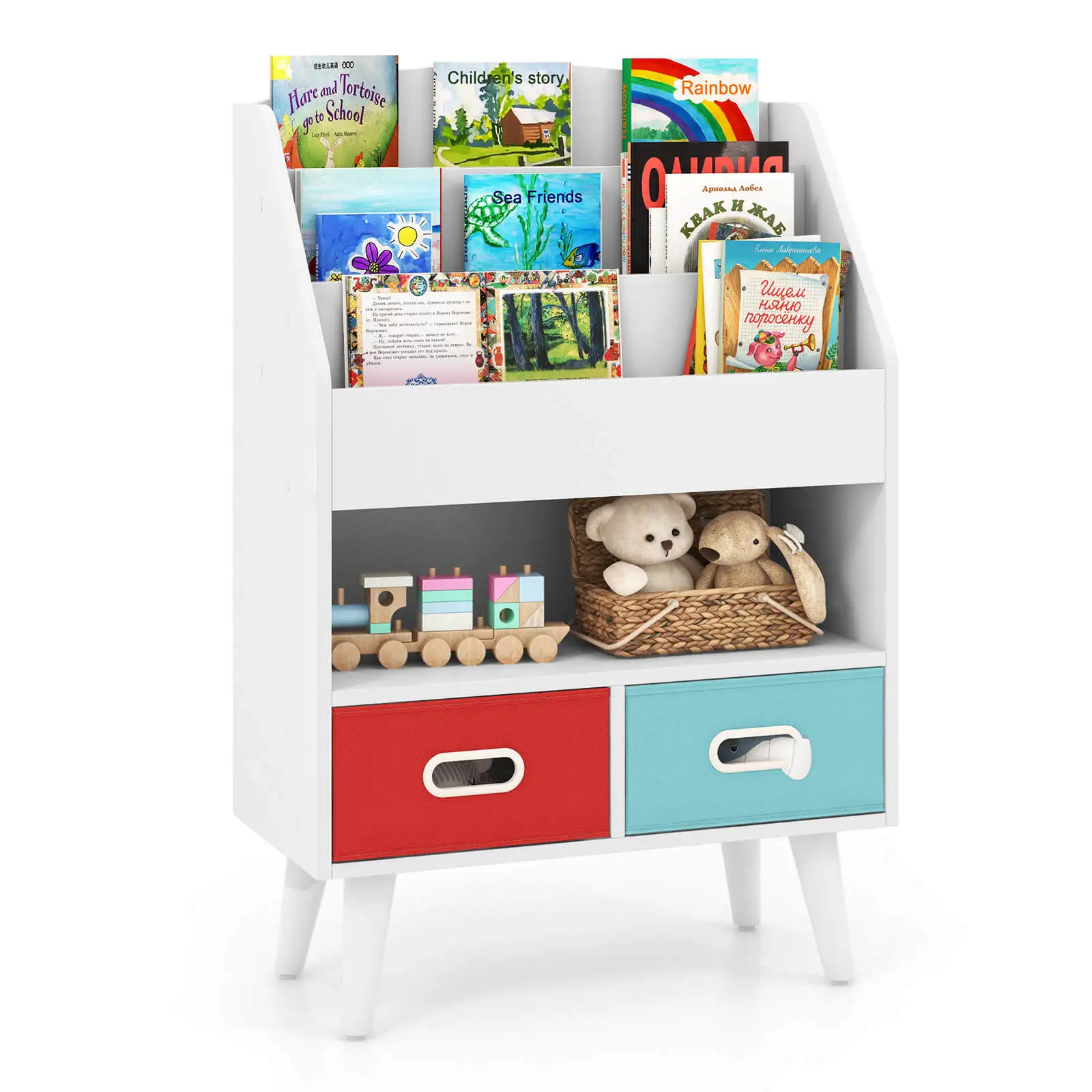 

Kids Bookshelf w/3-Tier Bookshelves Open Compartment & 2 Foldable Fabric Drawers