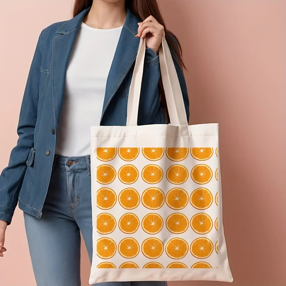 1pc, Orange Slice Pattern Canvas Tote Bag Reusable Grocery Bags (35.05cm x 40.13cm), Stylish Reusable Bag for Daily Shopping, Co