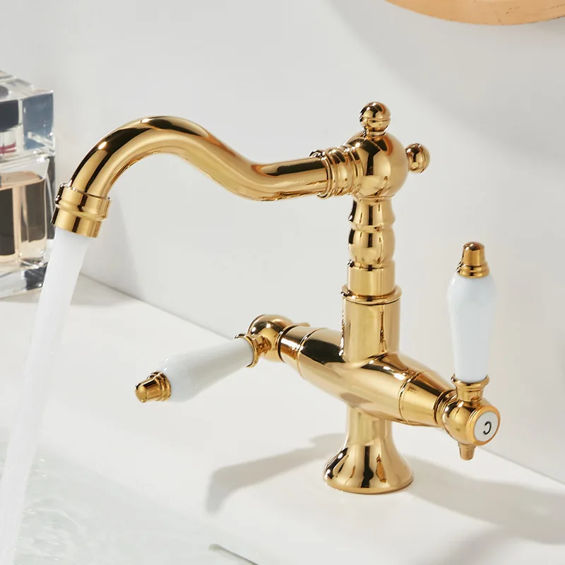 Basin Faucets Gold Brass Bathroom Faucets Industrial Style Sindle Hole Dual Handle Contemporary Water Mixer Tap  85537