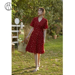 DUSHU Office Lady A-line Women's Retro French Lapel Red Casual Dress 2021 Summer New Clothes For Women