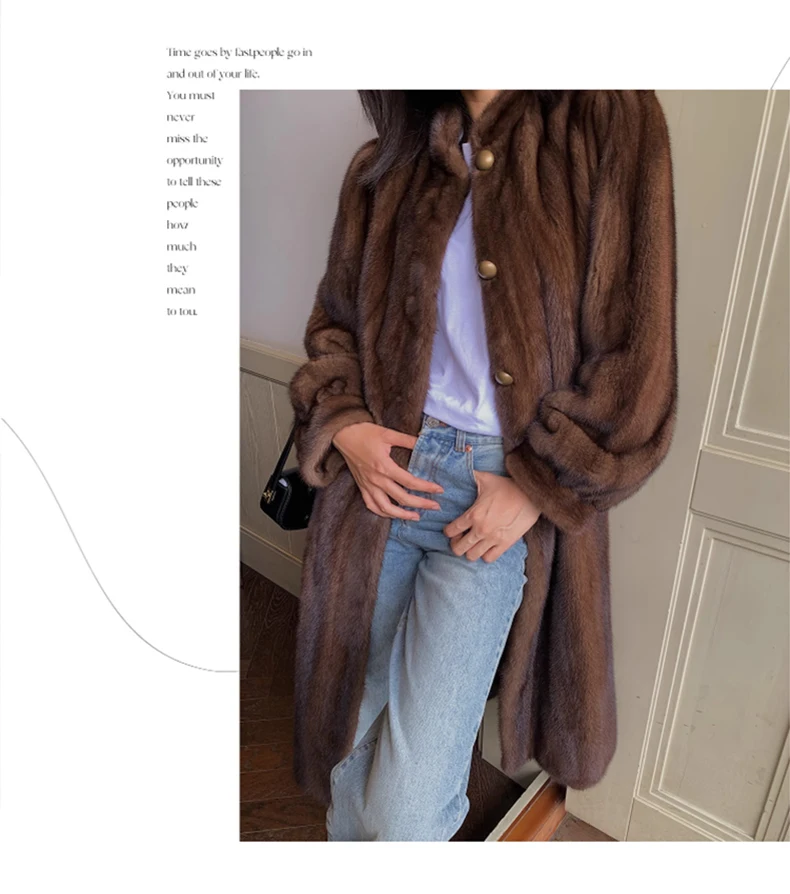 Lautaro Winter Long Brown Thick Warm Soft Faux Mink Fur Coat Women Puff Sleeve Elegant Luxury Chic Fluffy Furry Overcoat 2023