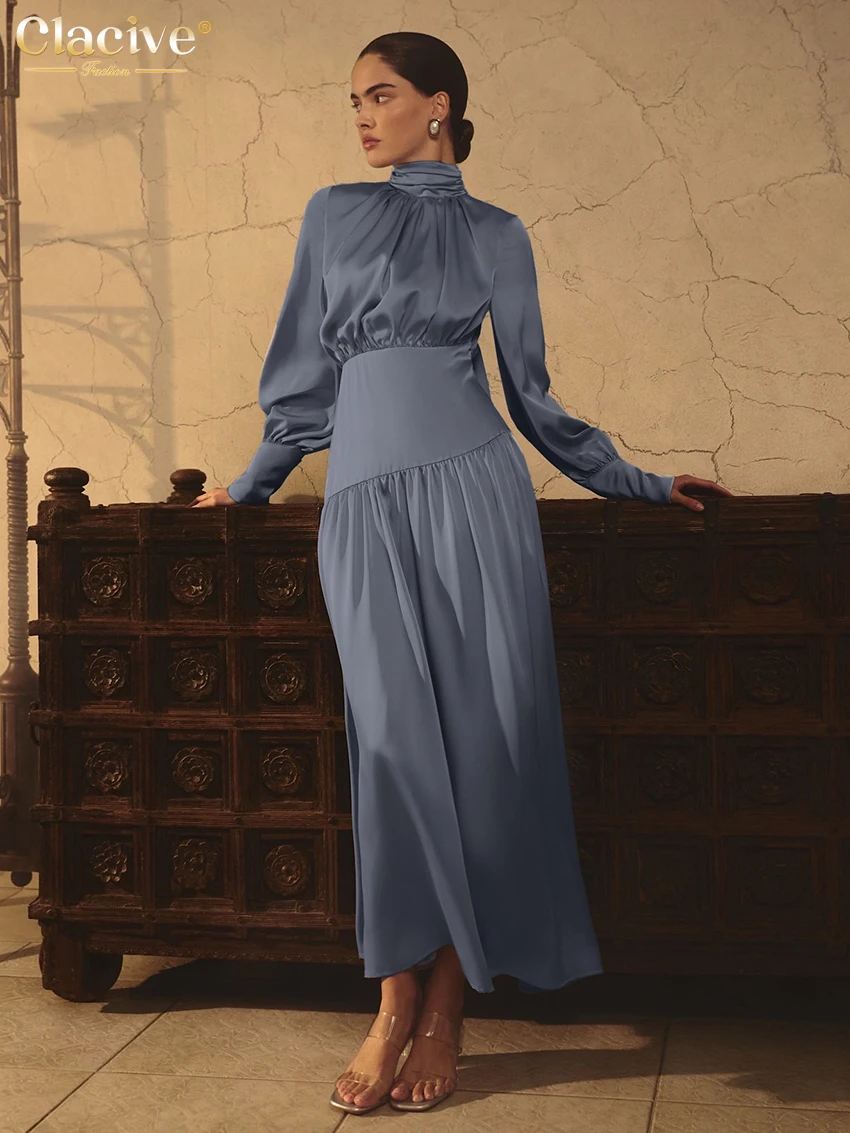 

Clacive Fashion Loose Blue Satin Women's Dress 2026 Casual Stand Collar Long Sleeve Long Dresses Elegant Classic Female Dress