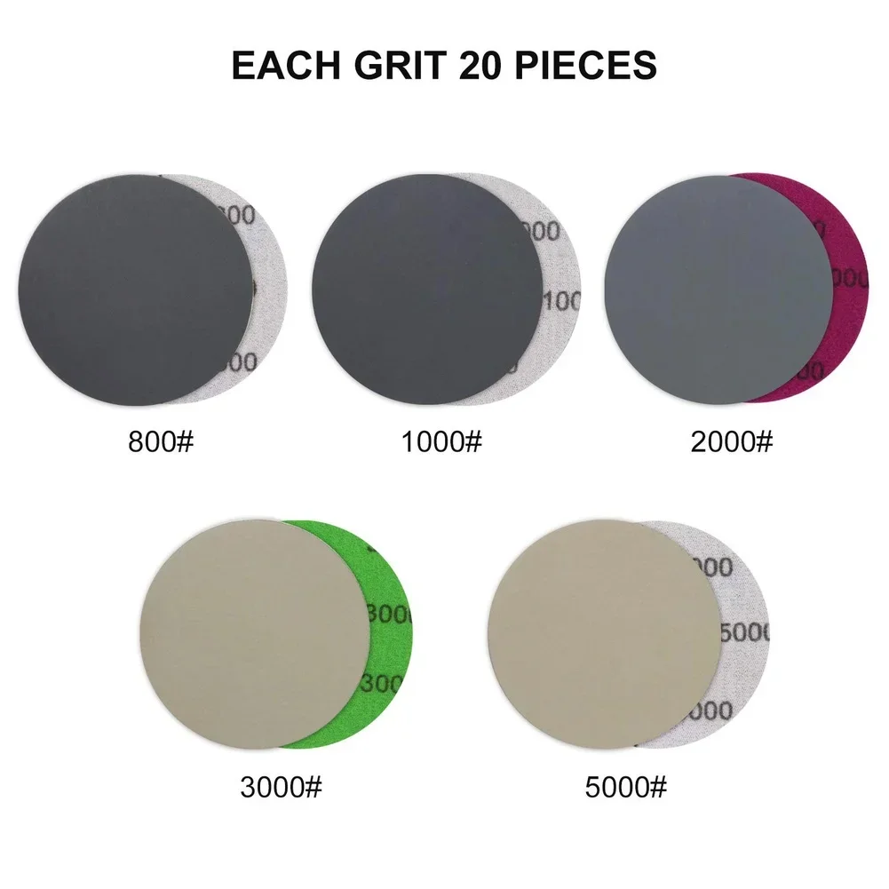 75mm Sanding Discs 100pcs Silicon Carbide Multi Grit Set 800 to 5000 with Backing and Foam Buffer for Polishing