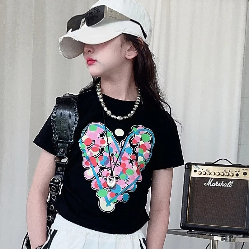 summer 4 6 8 10 12 14 teenager girls cotton t-shirt white black Love print junior kids top tee child clothes 2
