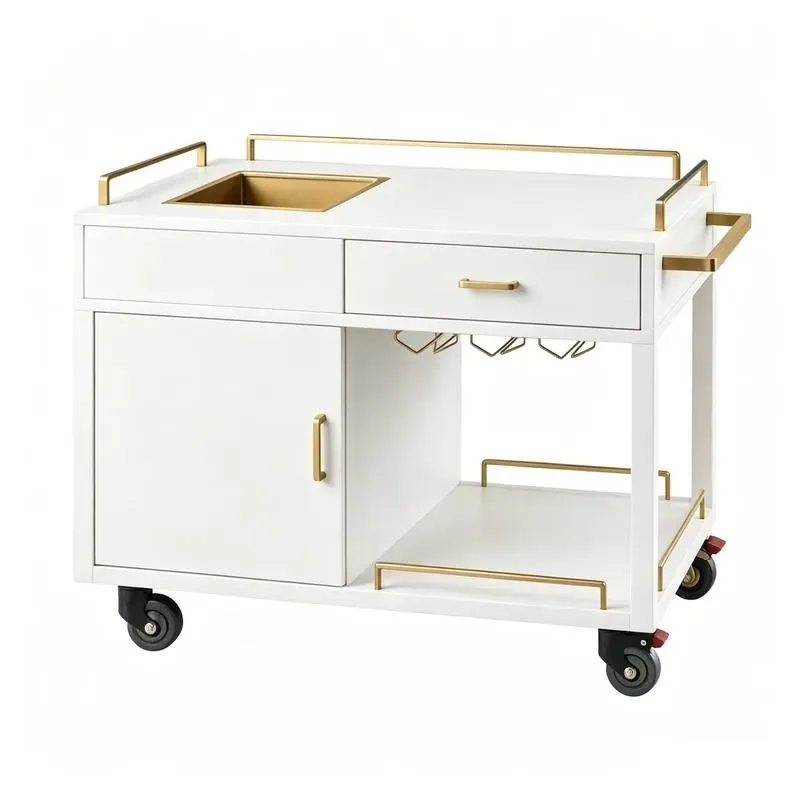 Modern White and Rose Gold Bar Cart with Glass Rack Four Wheels Multipurpose Drink Trolley for Restaurant Hotel Home