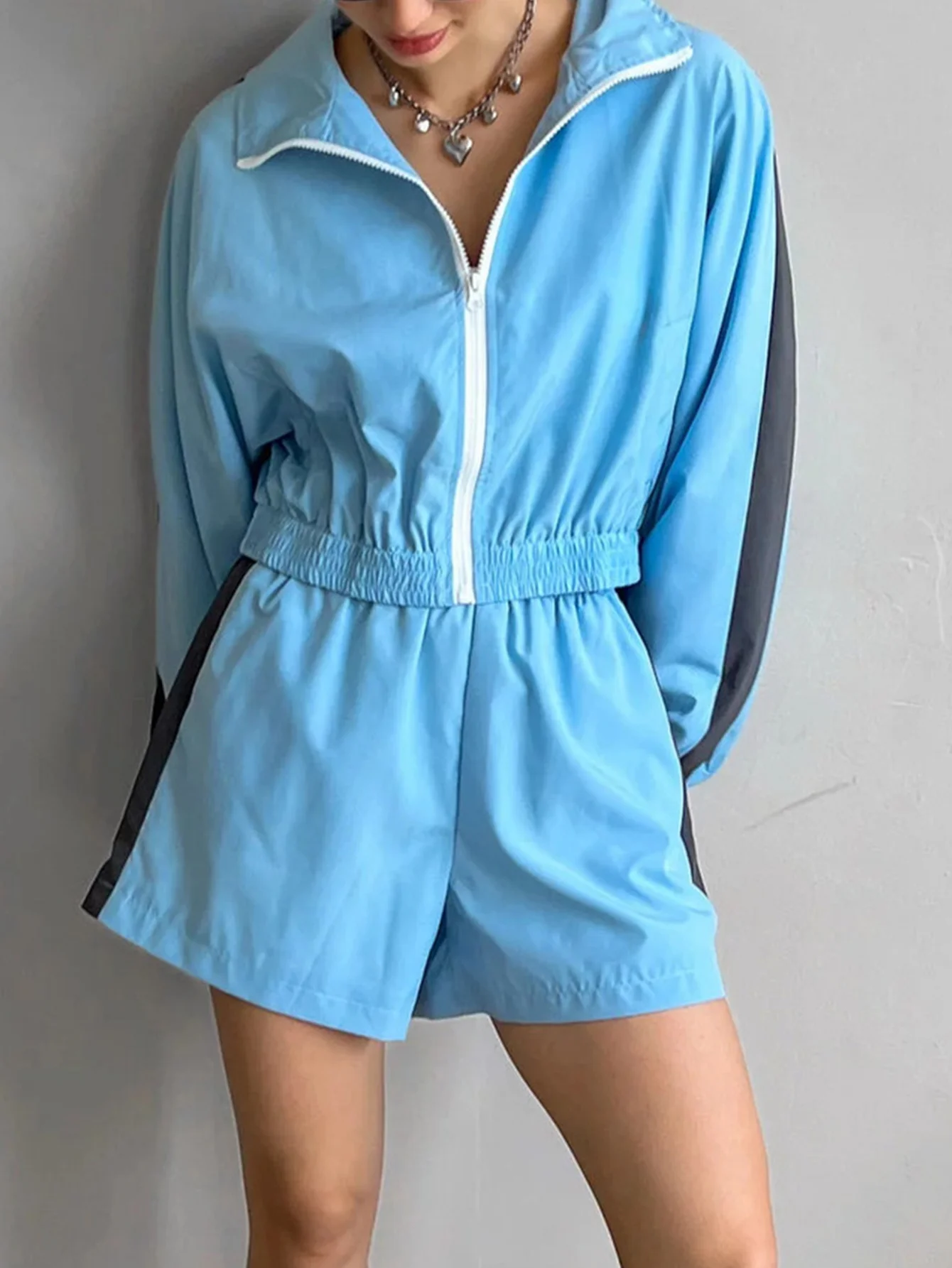 Dames elegant chic sweatshirt met lange mouwen en rits en A-lijn elastische taille shorts set herfstmode basisoutfit