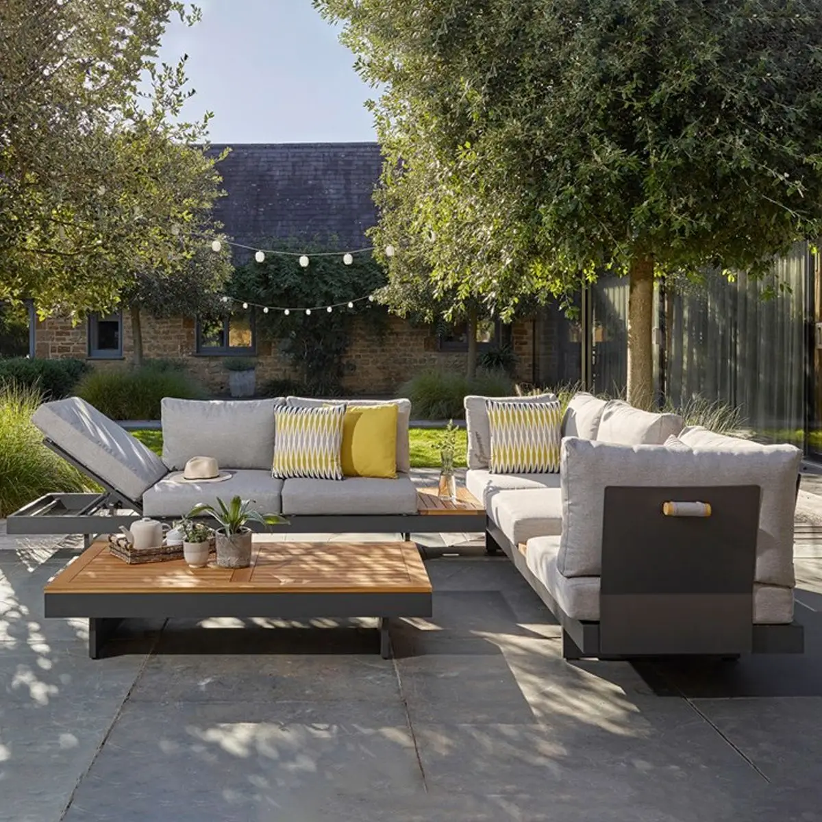 

Metal Waterproof Garden Furniture Aluminium Teak Wood Sectional Set with Gray Cushions Outdoor Furniture Patio Sofa Set