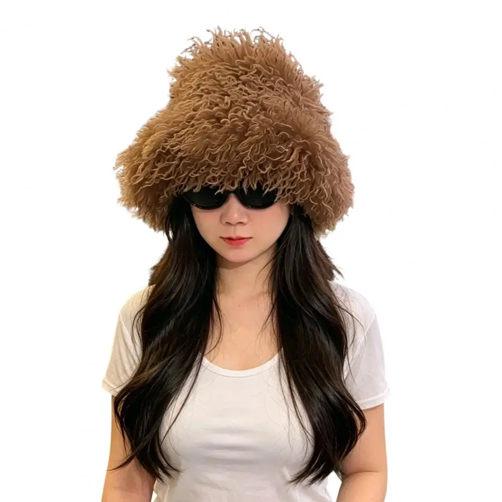 Women Curly Plush Hat Fuzzy Winter Bucket Hat Scarf Soft Fluffy Warm Mongolian Hat for Cold Weather Accessories
