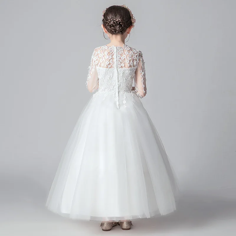Summer Baby Girl White Floral Princess Dress Children Long Tulle Wedding Party Dress Kids Lace Vintage Clothes New In Dress