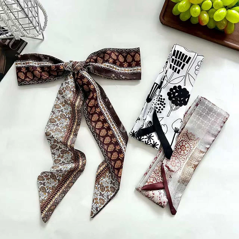 

2026 New Arrival Women Hair Scarf Fashion Floral Print Skinny Satin Scarves Silk Ribbon Neck Hair Band Tie Bag Handle Ribbon