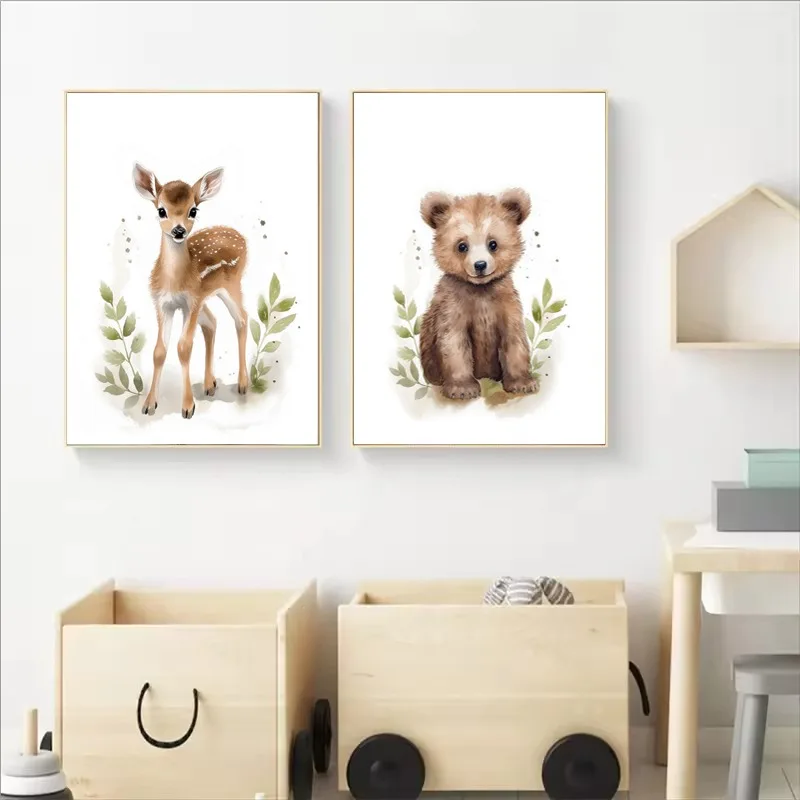 Canvas Wall Art Home Wall Decor Watercolour Kawaii Woodland Baby Animals Bear Rabbit Raccoon Poster Canvas Painting Wall Art