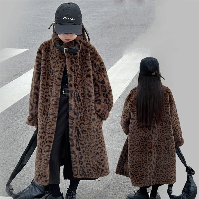 Leopard-Print Girls Jackets Kids Winter Warm Faux Fur Coats Children's One-Piece Fur-Lined Outerwear Teenager Thicken Clothes