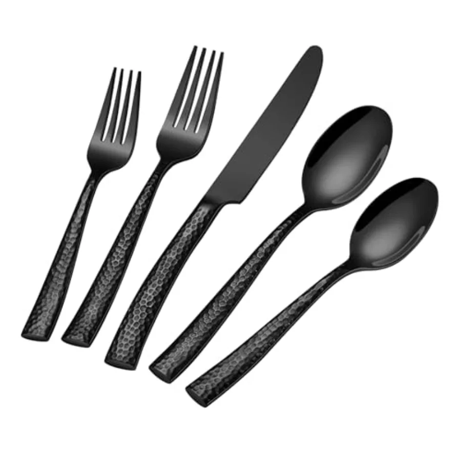 

Black Hammered Stainless Steel 40-Piece Heavy Duty Flatware Set for 8 Food-Grade Mirror Finish Cutlery Set for Home Restaurant