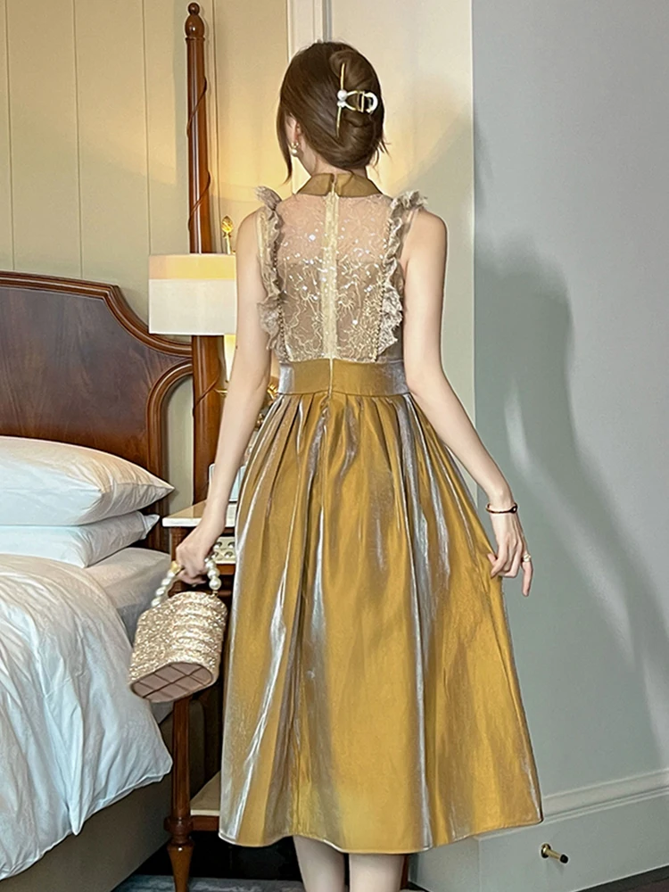 แฟชั่นฤดูร้อนใหม่ลูกไม้ Splic ชุดราตรีเสื้อผ้าผู้หญิงหวานบินแขน Slim Midi A-Line Party Prom Vestidos Fiesta Robe