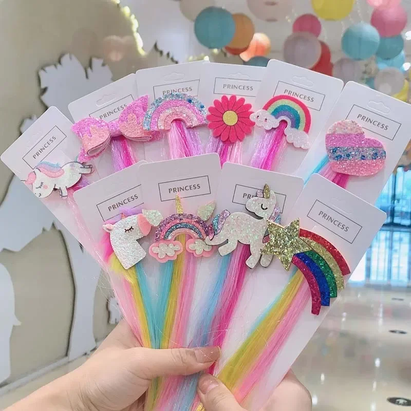 Pelucas coloridas para niñas, pinzas para el pelo con cola de caballo de unicornio, diademas con lazo, bandas para el pelo de princesa, lazos,