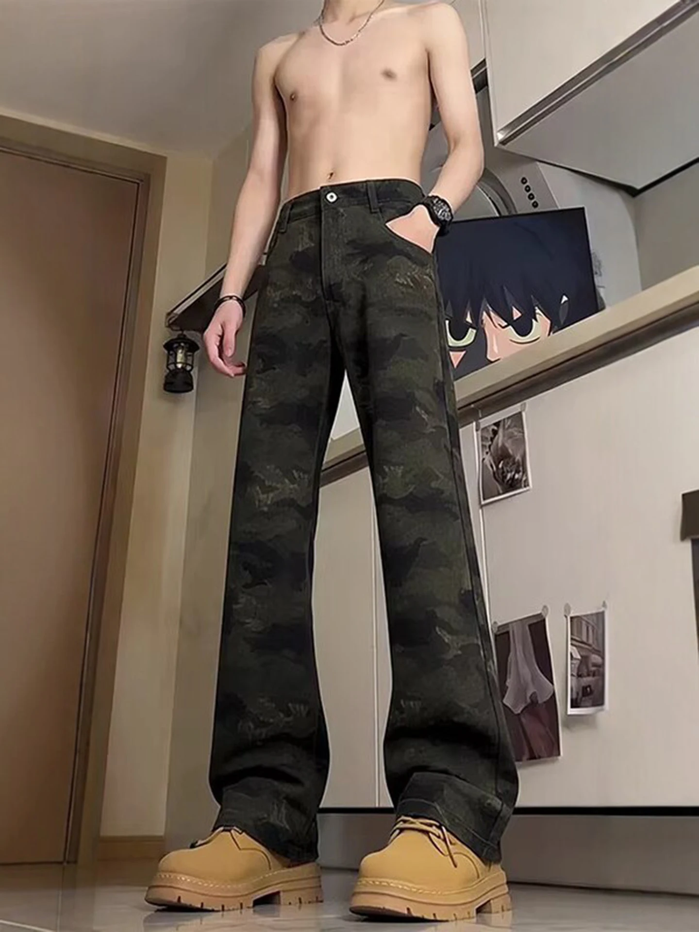 

Мужские джинсы в американском стиле с камуфляжным принтом, прямые брюки в уличном стиле, эластичные облегающие брюки-клеш