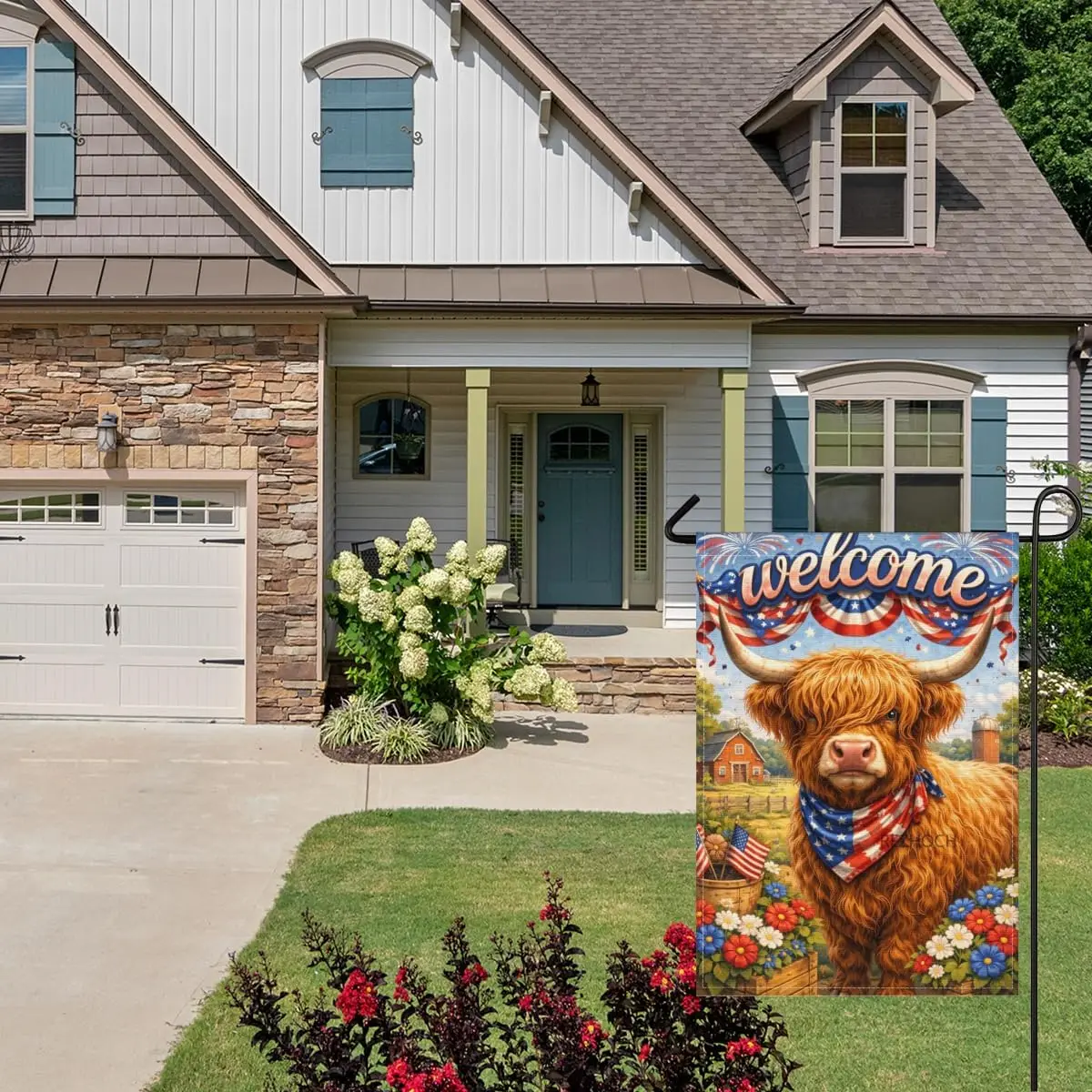 Independence Day Patriotic Highland Cow Welcome Garden Flag 28x40Inch,Cute Animal Outdoor Yard Flags,Red White Blue American AAS