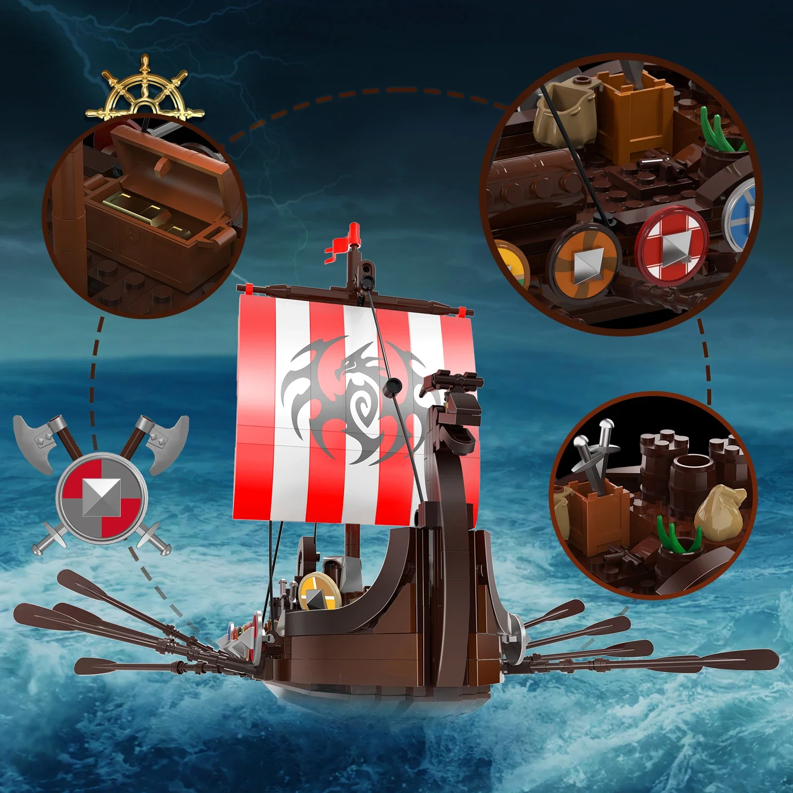 Bloques de construcción de barco Vikinged para niños, juguete de ladrillos para armar Barco de navegación de aventura en el océano, ideal para