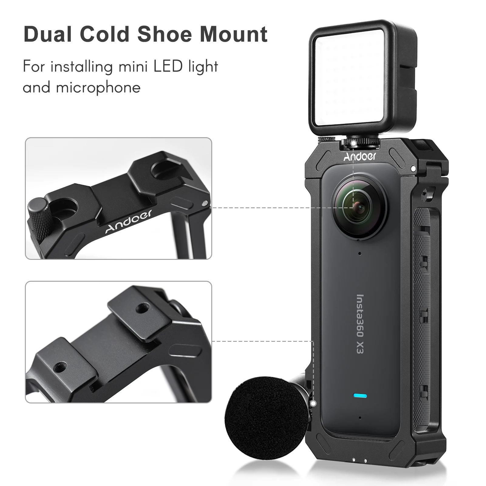 Andoer Sports Camera Video Cage Aluminum Alloy Dual Cold Shoe Mounts Metal Protective Frame Camera Cage Vlog for Insta360 X3