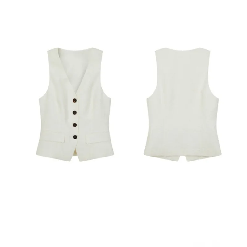 

Fashionable Trendy Tall V-neck Cotton Linen Vintage Style Slim Fit Vest High-quality Simple Casual Wide Leg Pants Fashion Set