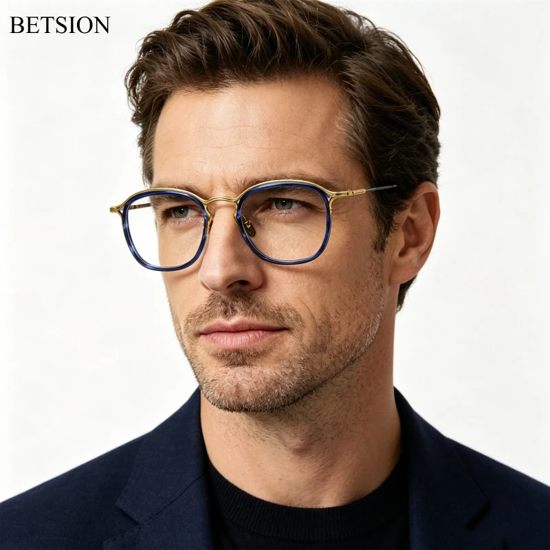 

BETSION Vintage Blue Light Blocking Two-tone Spliced Eyeglass Frame Retro Pure Titanium Eyeglasses for Men Spectacles #3118