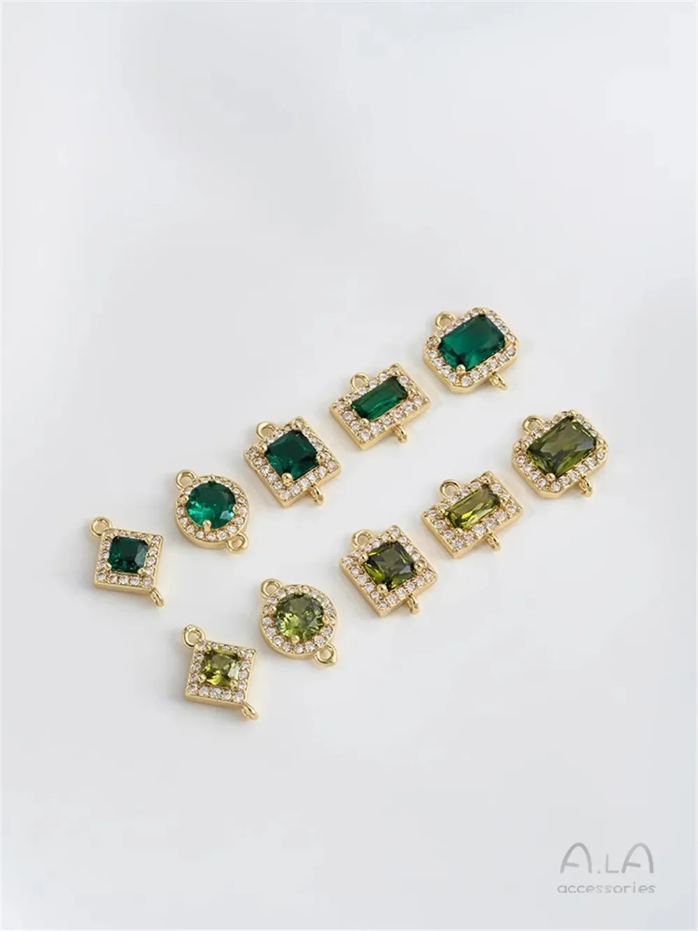 14K Gold-Color Inlaid Emerald Olive Green Zircon Geometric Double Hanging Rings DIY Handmade Jewelry Accessories