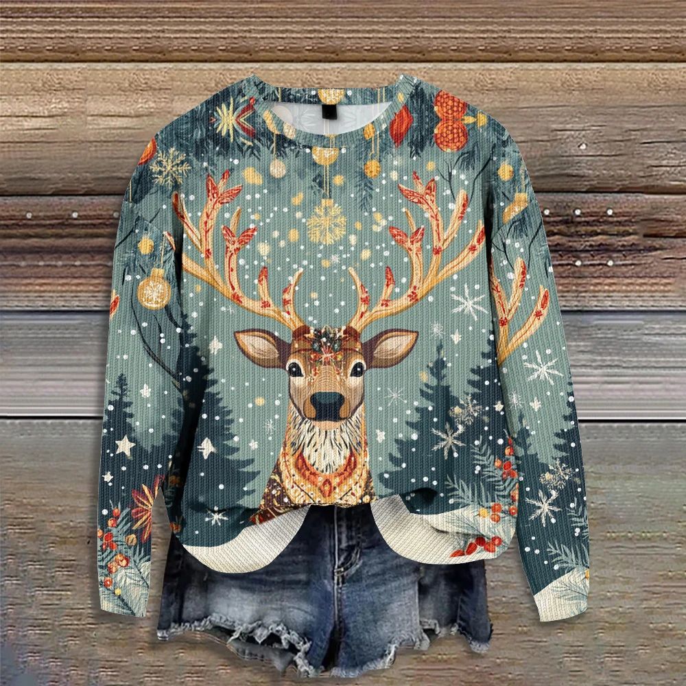 Forest Reindeer Sweatshirt Women Long Sleeve Crew Neck Sweatshirts Kawaii Christmas Pets Casual Pullovers Winter Streetwear