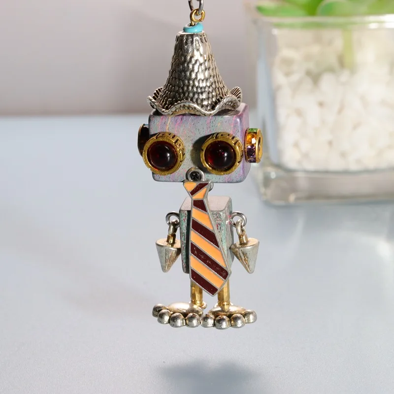 

Wooden Punk Robot Necklace Keychain Handmade Pendant Unique Couple Gift DIY Accessory