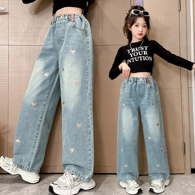 2025 Spring Autumn Girls Versatile Love Metal Buckle Wide Leg Pants Kids Pocket Jeans Children Elastic Waist Trousers 5-14 Years