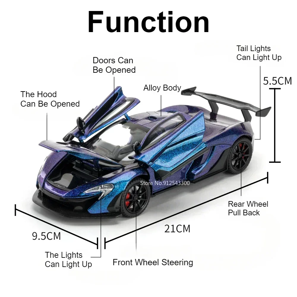 1:24 P1 Model Sports Car Toy Alloy Diecast Light Music Pull Back Supercar Metal Body Miniature Vehicles Models Kids Adult Gifts