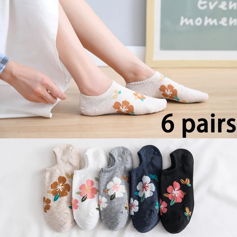 6 Pairs Women Sock Cotton Socks Fashion Flowers Hidden Socks No Show Socks Boat Sock Breathable Low Cut Socks Ankle Sock Invisib