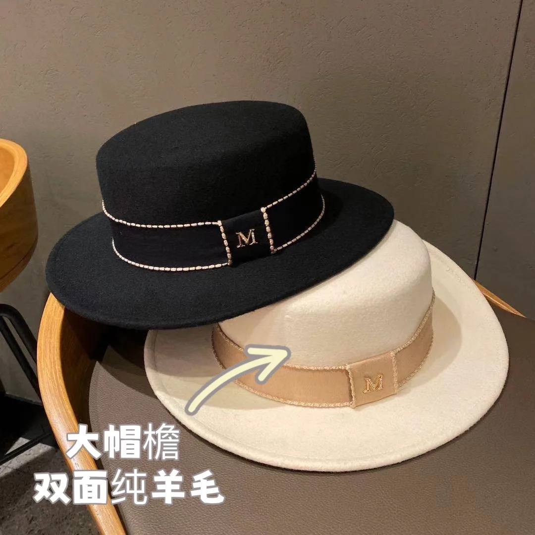 

Women's Reversible Wool Felt Fedora Hat Autumn Winter Vintage Elegant Flat Top Twill Ribbon Jazz Cap Trendy