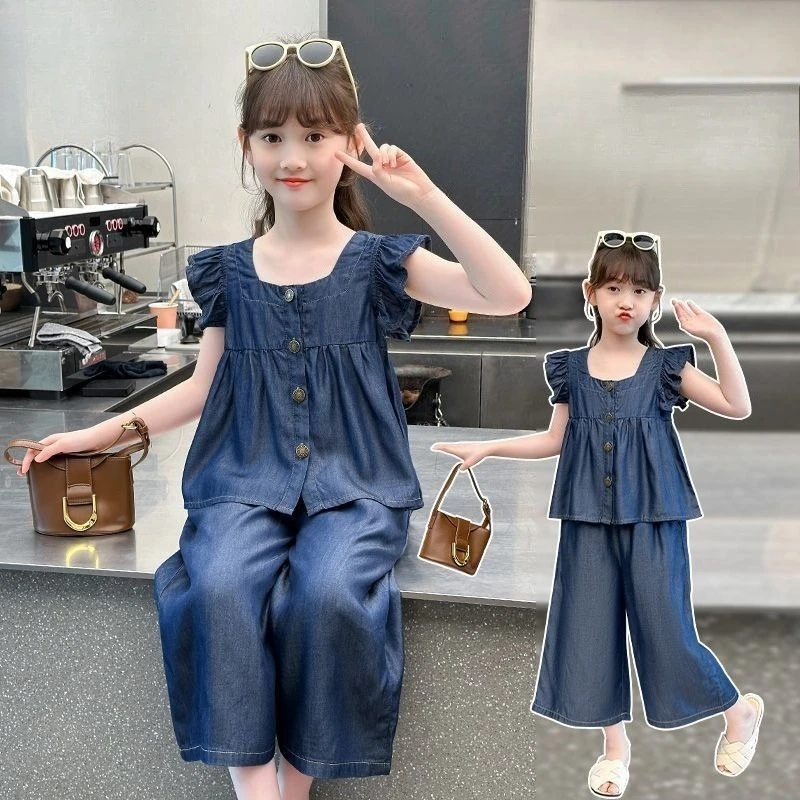 Kids Girls Blue Camisole Wide Leg Pants Clothing Sets 2025 New Fashion Teenage Girls Casual Summer Tank Tops Pants Clothes Set
