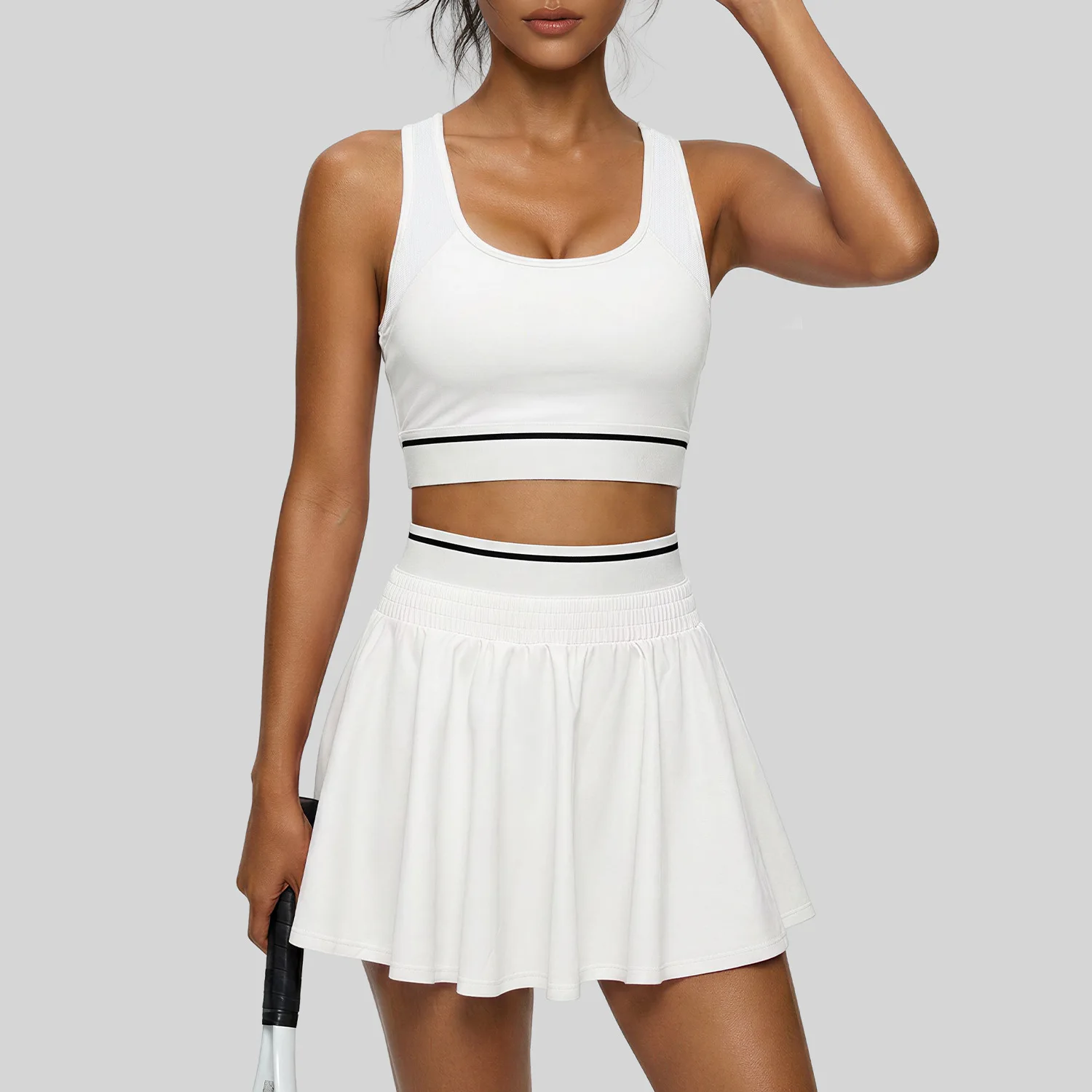 2 Piece Women Quick-Dry Sports Shorts Skirt Set O-Neck Sleeveless Top Running Fitness Workout Athletic Wear Tracksuit Sportswear