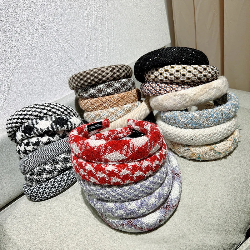 Tweed Christmas Knitted Hairbands Winter Fabric Sponge Outfit Plaid Headbands Female Hair Accessories Gift for Women Girls