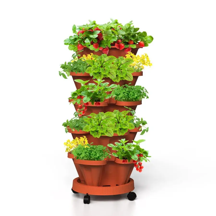

Strawberry Stackable Planter, Vertical Tower Garden, 5 Tiered Stacking Herb Vegetable Planters with Movable Casters and Bottom S