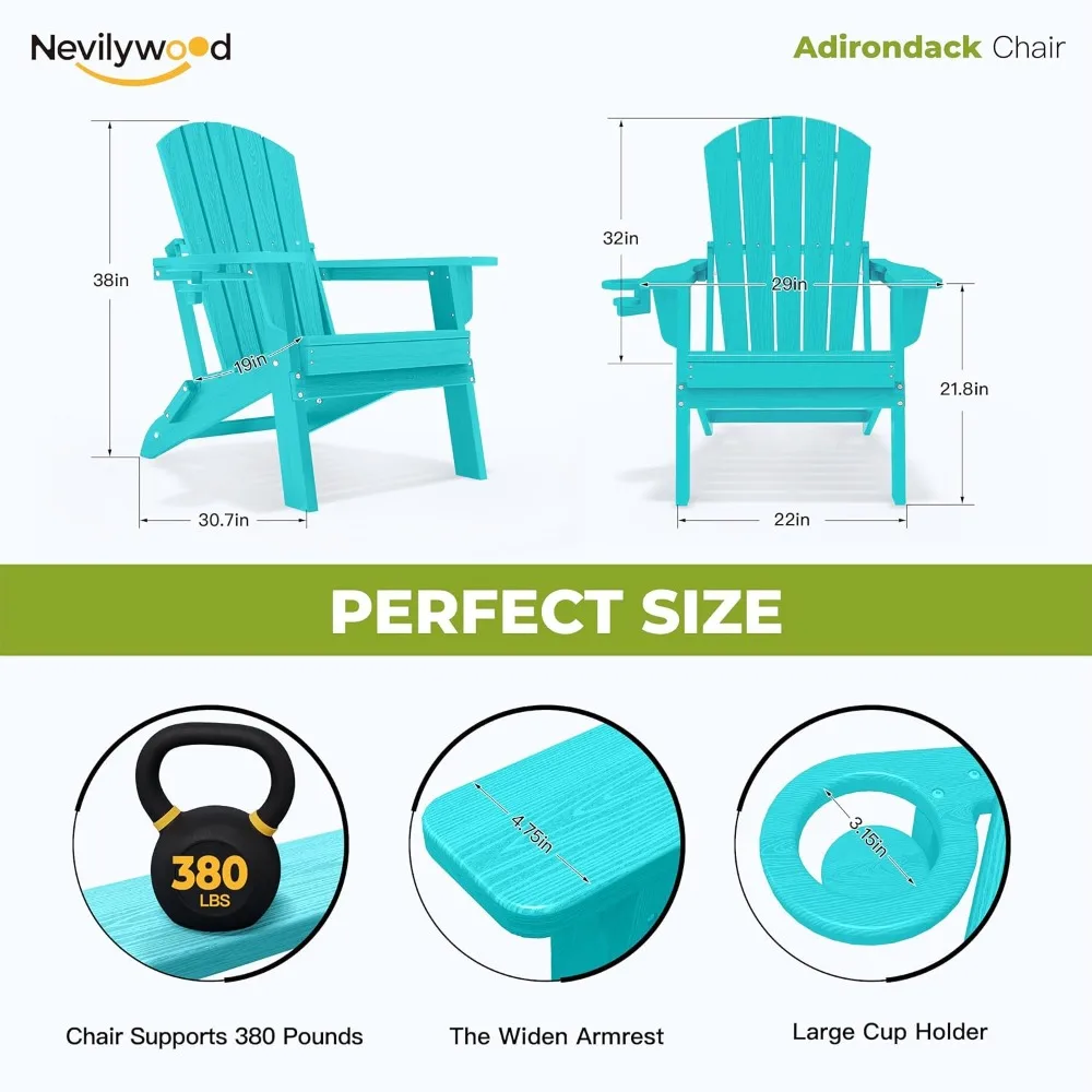 nevilywood Folding Adirondack Chair - Extended Ergonomic Backrest, Cup Holder - Easy Assembly - Durable HDPE Plastic, Weather