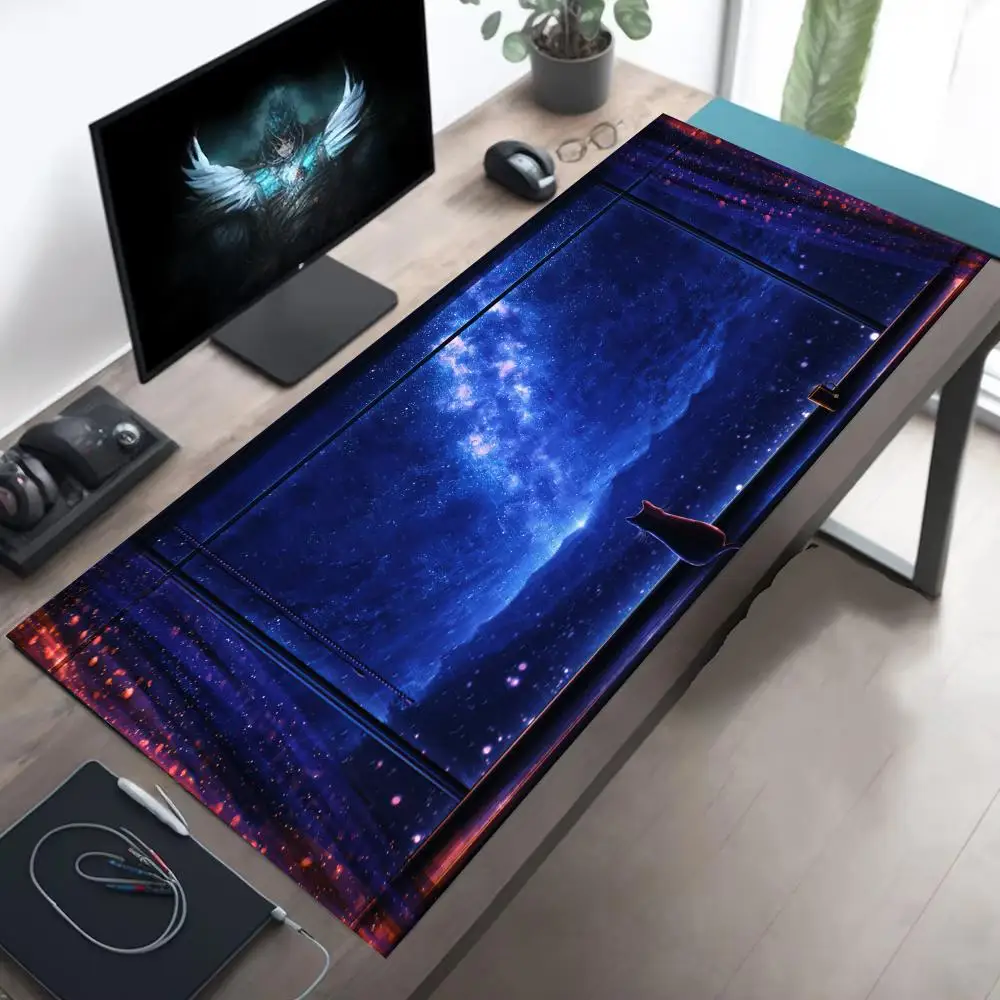 

Cat Starry Sky Mouse Pad Super Large Non-Slip Rubber Desk Mat with Stitched Edge Durable Washable Keyboard Pads Office Home Rug