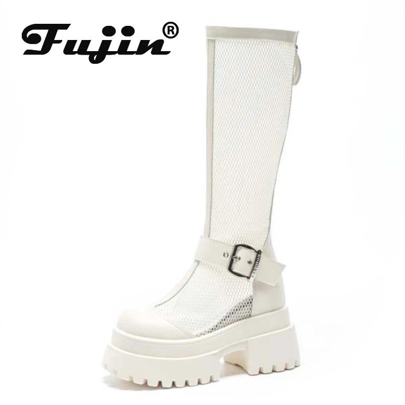 

Fujin 10cm Air Mesh Patent Leather Boots Chimney Summer Motorcycle Sandals Hollow Ankle Knee High Booties Women Fashion Shoes