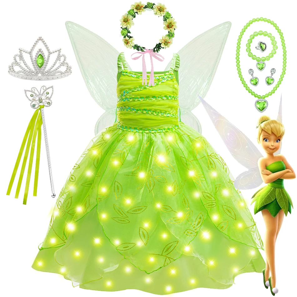 

Girls Princess Tinker Bell Dress Children Green Fairy Cosplay Clothes Kids Birthday Carnival Party Summer Sleeveless Vestidos