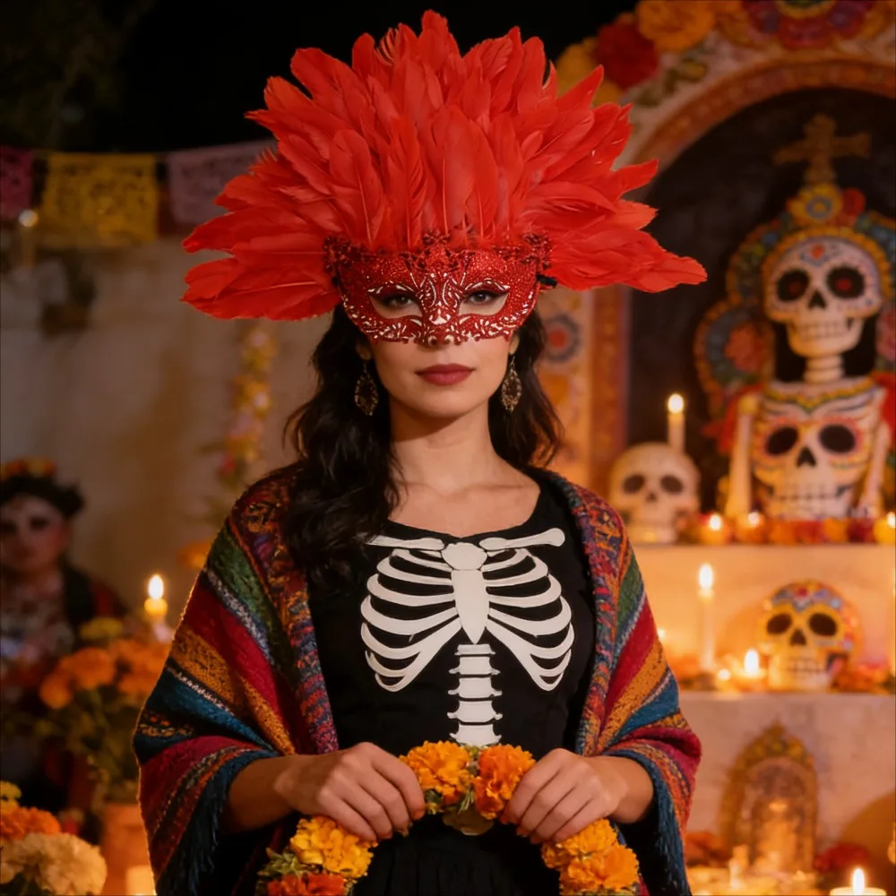 

Festive Feather Lily Half Mask - Carnival Ball Party Eye Mask Costume Accessory