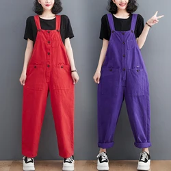 Losse Grote Size Overalls Voor Vrouwen Casual Streetwear Riem Paars Rood Denim Jumpsuit Enkele Breasted Bretels Baggy Cargo Broek