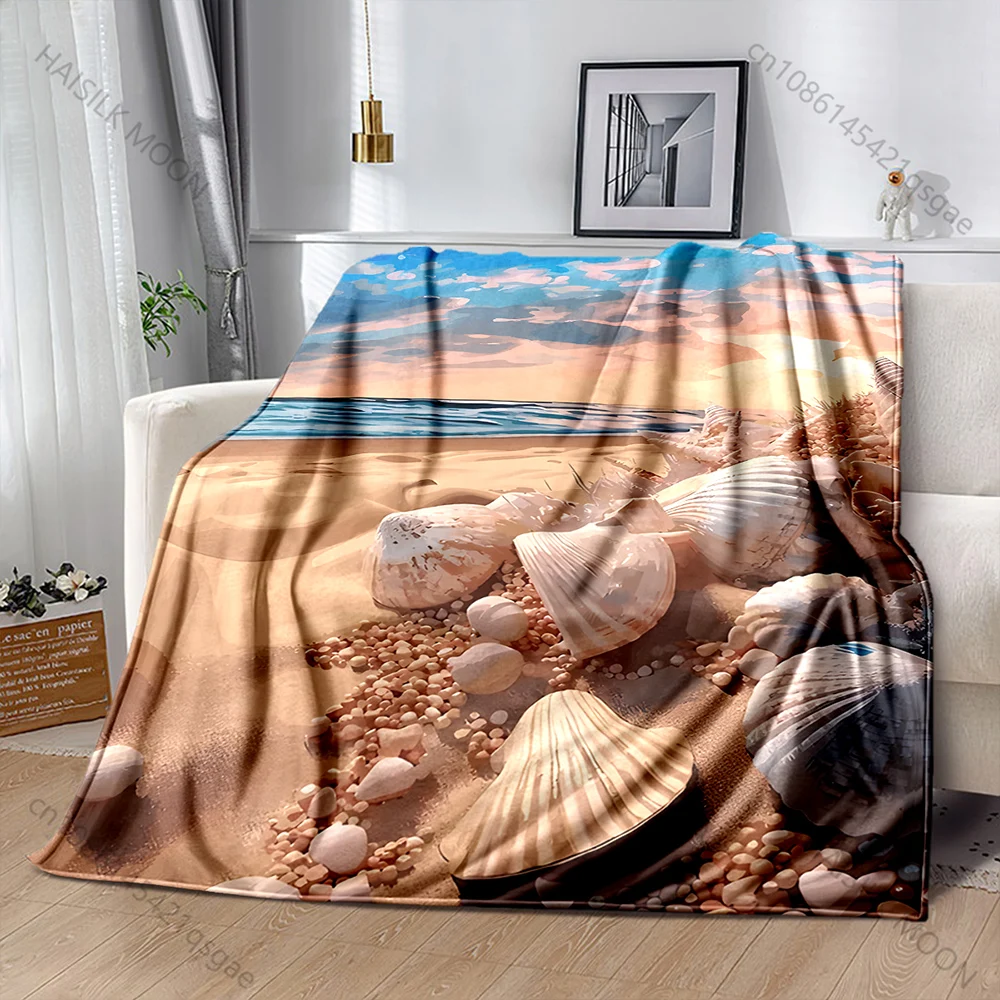 1PC Seashells beach sunset coast Print Adult Children Warm Blankets Home Travel Car Soft Comfortable Suitable for all seasons