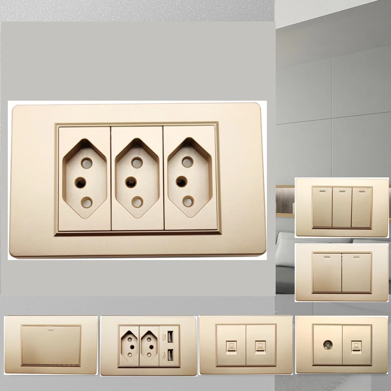 118mm Brazilian Household Standard 3Gang Golden PC Flame Retardant Panel 10A 3Hole Power Plug Wall Socket And Switch Combination