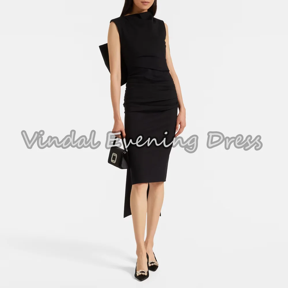 

Vindal Crepe Straight Knee Length Pleats Simple Evening Dresses For Women 2025 With Bow Sleeveless Elegant Cocktail Party Dress