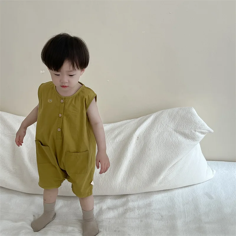 

2024 Summer New Baby Sleeveless Romper Cotton Infant Boy Solid Big Pocket Jumpsuit Newborn Toddler Thin Casual Clothes 0-24M